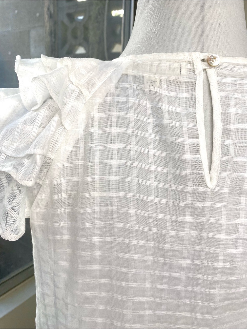 Nation LTD NWOT White Ruffle Sleeve Sheer Plaid Blouse, Size S - Picture 7 of 10